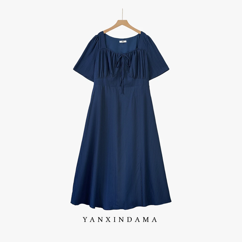 【岩心】大码女装300斤胖MM法式方领收腰短袖茶歇垂感开叉裙66487