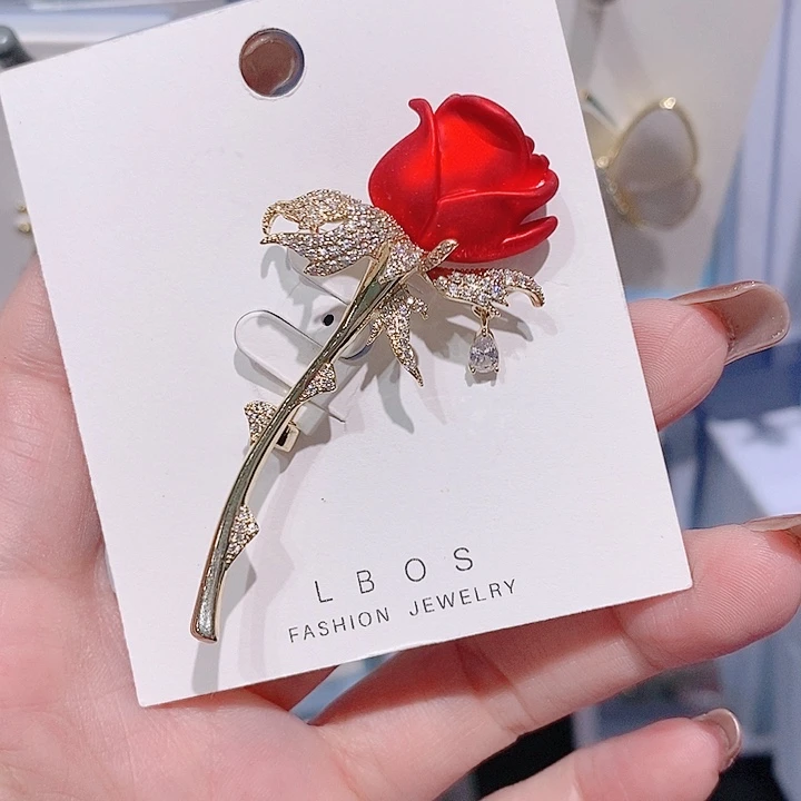 锆石铜合金火玫瑰胸针