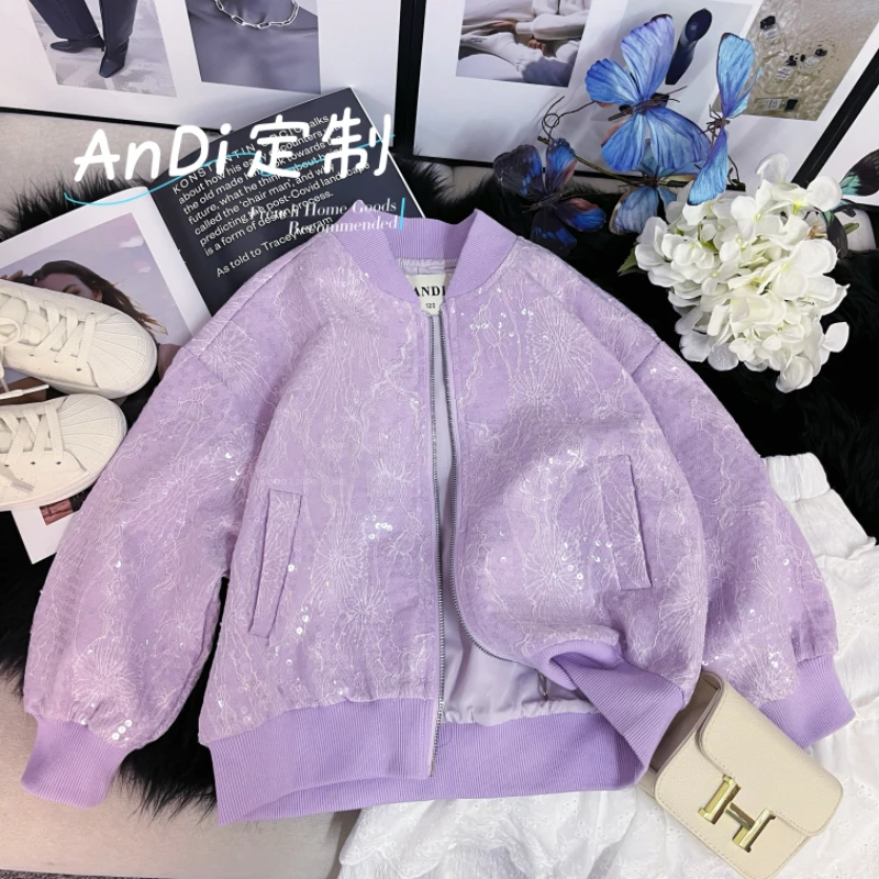 〖ANDI〗订制春季新款中大童女童亮片时尚设计感棒球服外套3662