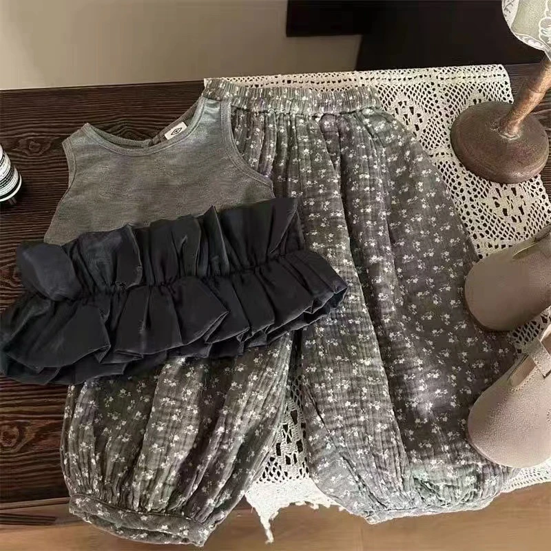 韩国童装夏季宝宝两件套女童无袖背心上衣裤子时尚休闲套装L55168