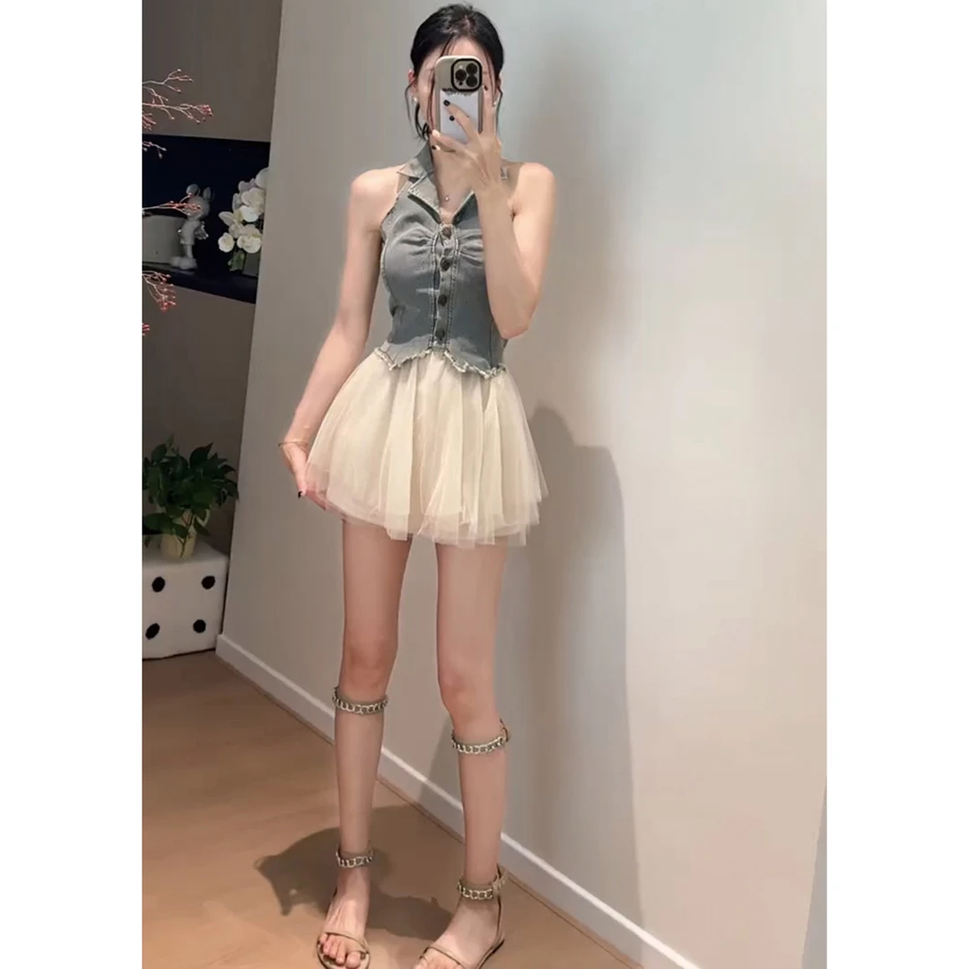 小个子穿搭一整套夏日韩系领无袖毛边牛仔上衣女半身裙两件套