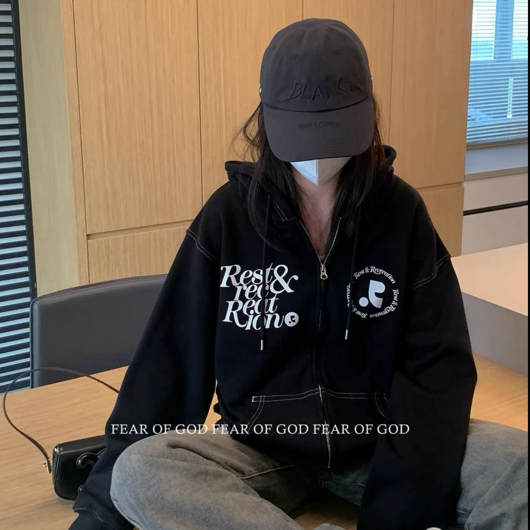 QYU-刘宪华同款!加绒R字母印花拉链卫衣潮牌宽松情侣外套-24680