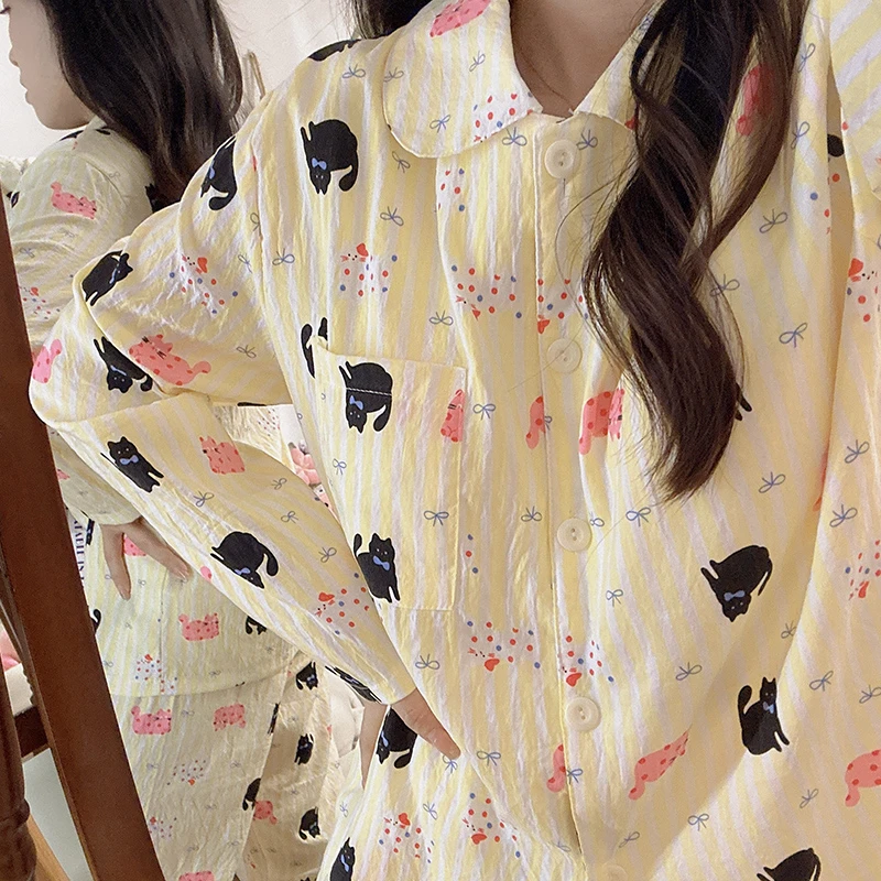 黄条纹多巴胺喵睡衣少女春秋可爱格子泡泡棉长袖学生两件套家居服