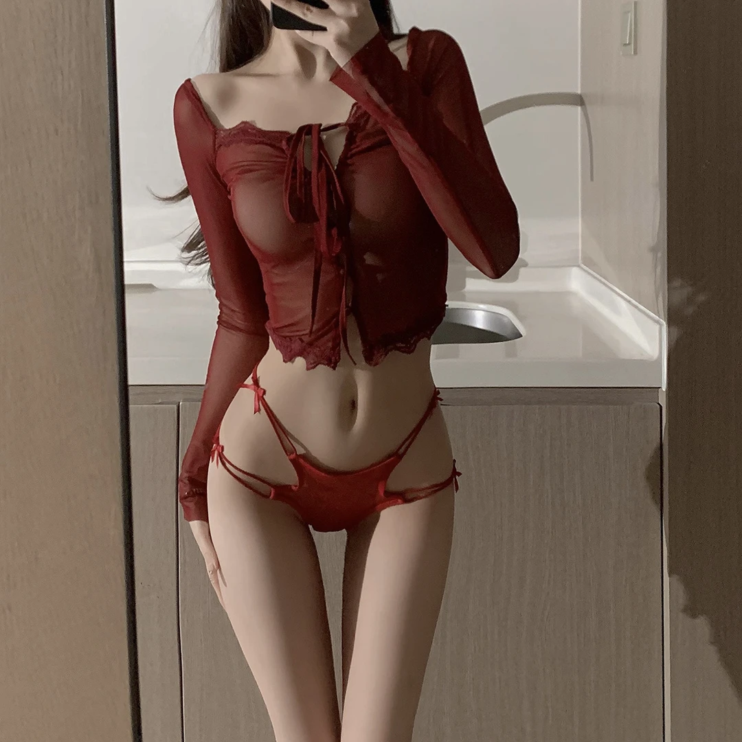 心动陷阱~法式性感蕾丝内裤女士纯欲网纱镂空蝴蝶结诱惑三角短裤