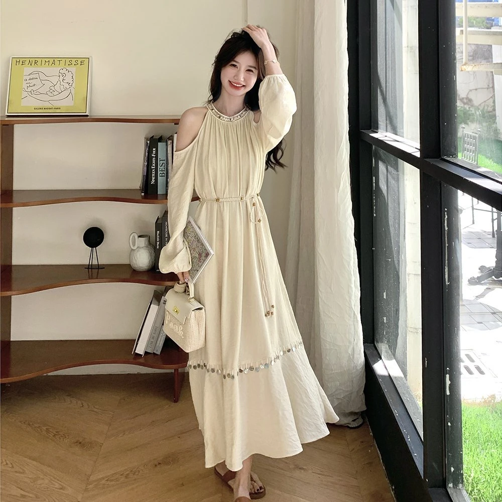 1841韩版夏款时尚露肩过膝连衣裙