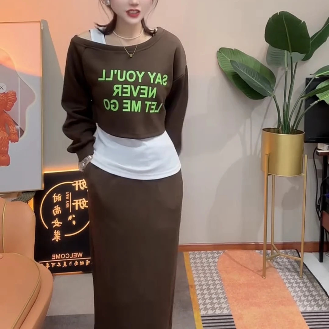 字母厚款斜领薄款嘻哈风长袖卫衣春季女装开叉半身裙套装