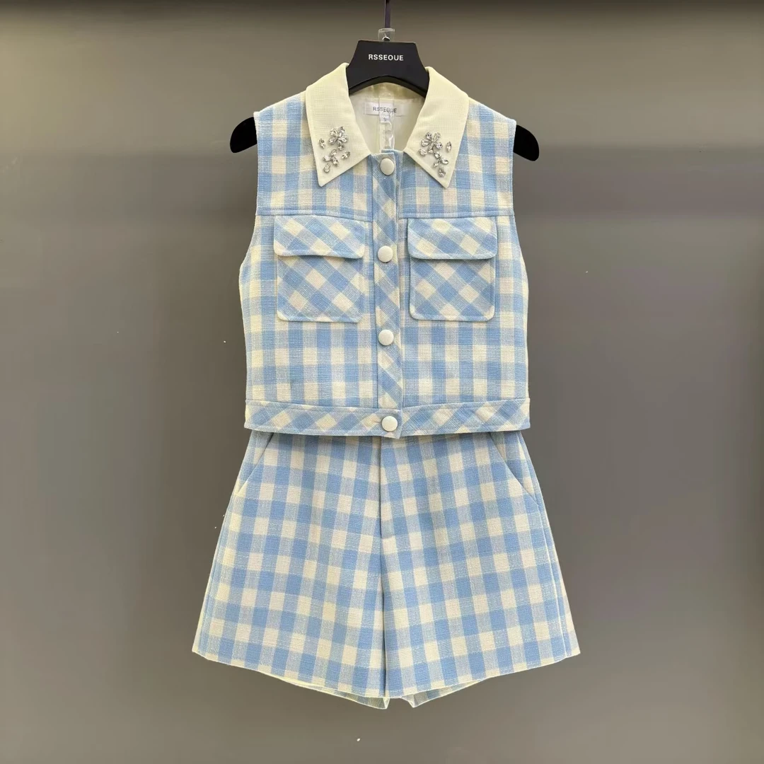 小香风套装女夏季新款时尚气质格子无袖上衣马甲短裤两件套T9564