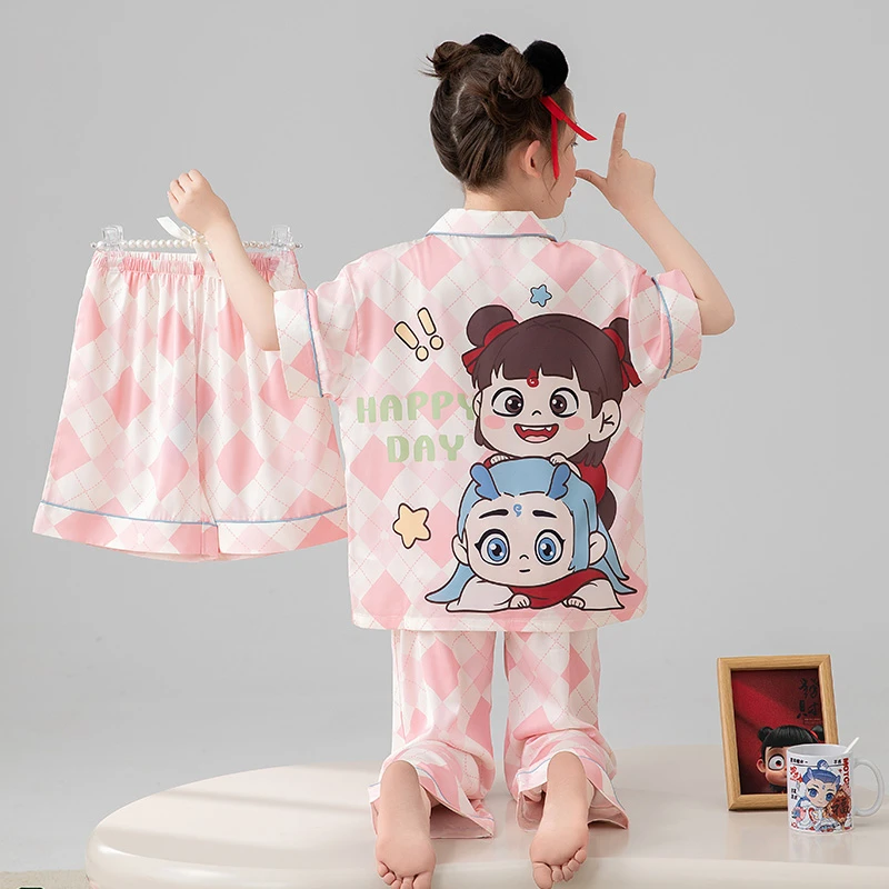 bejirog/北极绒时尚卡通儿童款睡衣女童短袖翻领冰雪丝夏季三件套