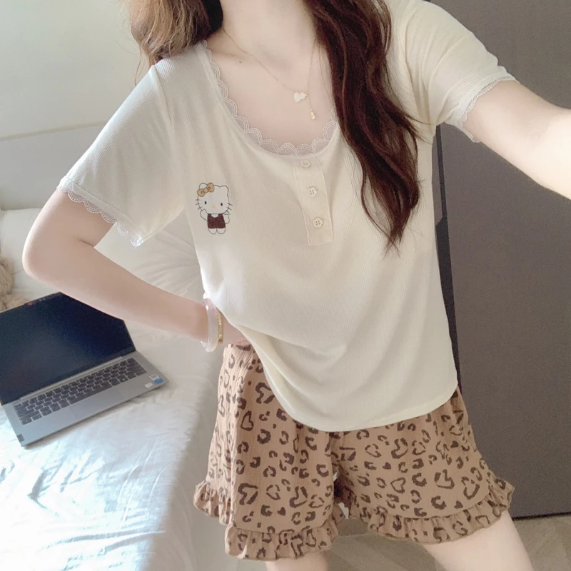 【带胸垫一体】莫代尔睡衣女夏季2025新款短袖短裤豹纹KT家居服套装
