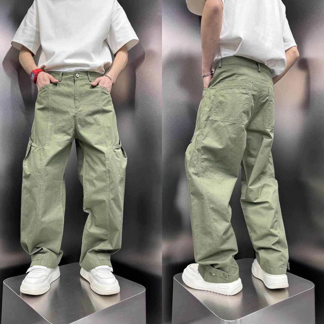 夏季美式阔腿速干裤复古拼接多口袋伞兵工装裤宽松潮流大码弯刀裤
