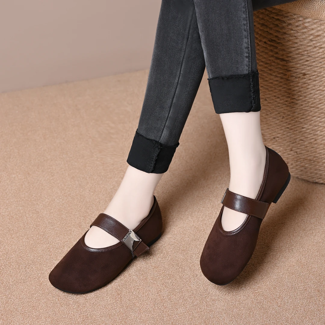 真皮羊皮平底浅口玛丽珍平底鞋女金属扣软底奶奶鞋圆头一字带单鞋