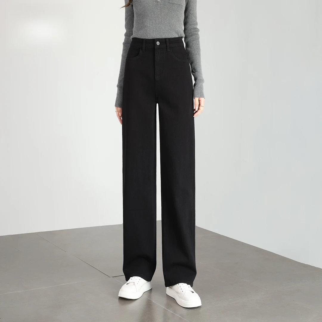 经典纯黑色窄版阔腿牛仔裤女秋冬新款复古加厚绒宽松休闲直筒裤子