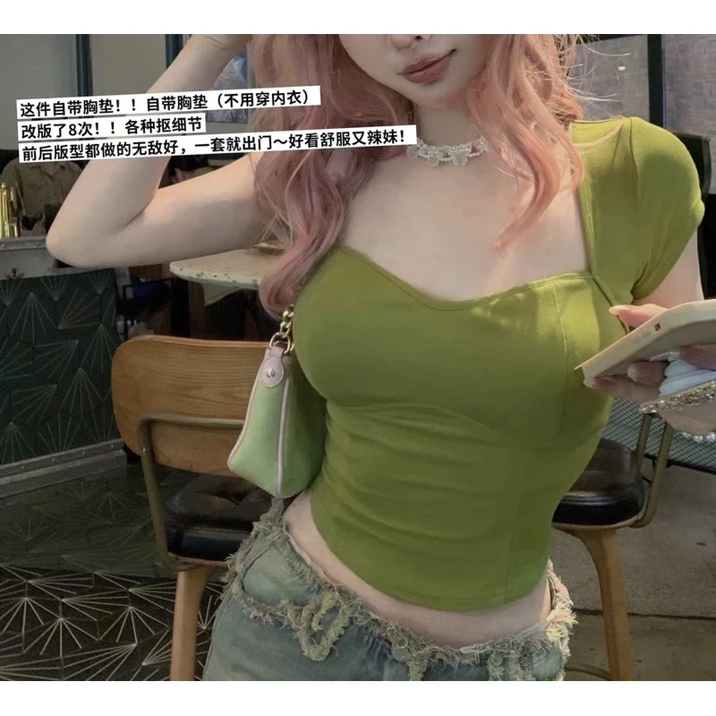 孤品】蛋炒饭服饰studio纯欲露背正肩短袖T恤女夏设计感收腰上衣