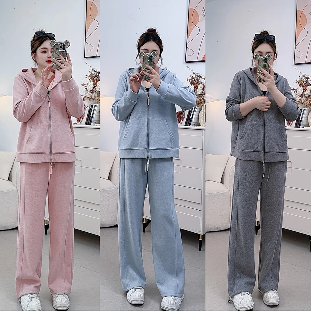 【红袖雨】秋冬加厚大码时尚外穿两件套新款连帽休闲运动套装112123