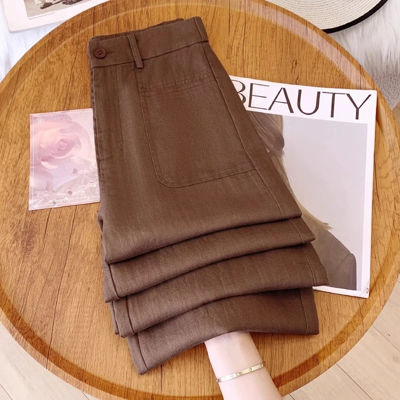拉夏贝尔咖色亚麻休闲直筒裤女2025夏季新款高腰宽松小个子阔腿裤