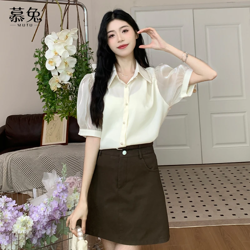 慕兔法式气质雪纺衬衫女2024新款夏季设计感小众宽松休闲短袖上衣