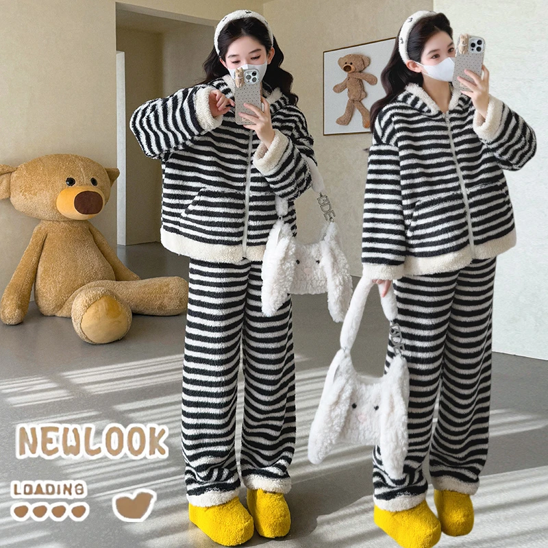 孕妇2025秋冬款宽松休闲加绒珊瑚绒连帽孕妇家居服睡衣套装两件套