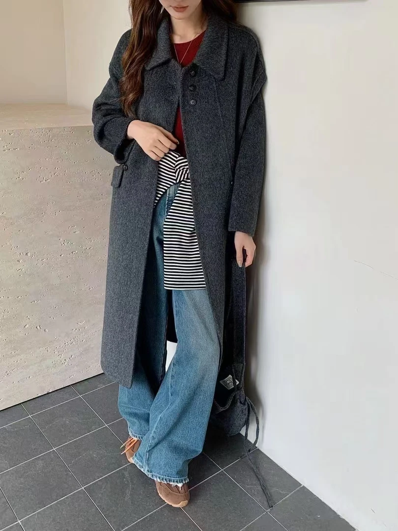 背包款双面羊绒大衣女中长款秋冬新款韩版宽松显瘦羊毛呢子外套
