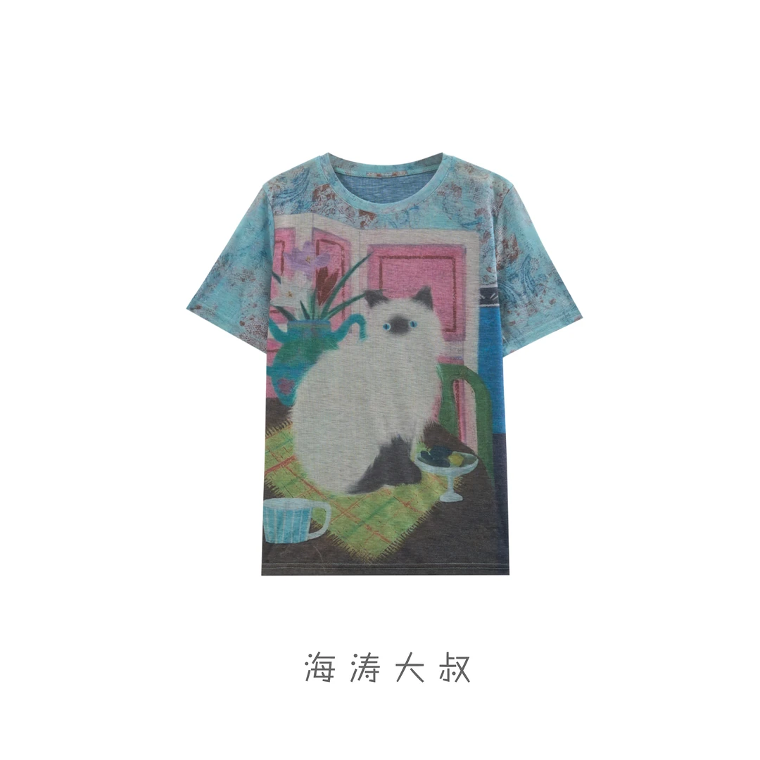 【海涛大叔】「壁画上的猫」涂鸦彩绘轻薄透气复古印花短袖