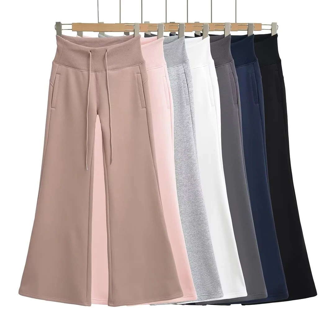 美式复古高腰抽绳微辣卫裤女秋季直筒阔腿裤显瘦休闲裤喇叭长裤子