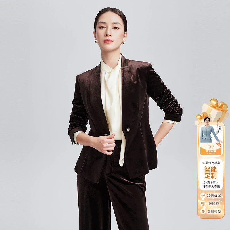 赢智尚秋新款醇酒棕色职场短款西装套装女复古时尚ZA-ZB00703