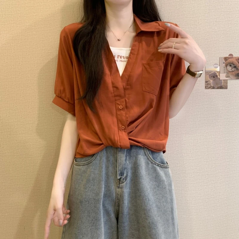 南瓜色假两件短袖衬衫女夏季新款宽松收腰遮肚子别致气质小衫上衣