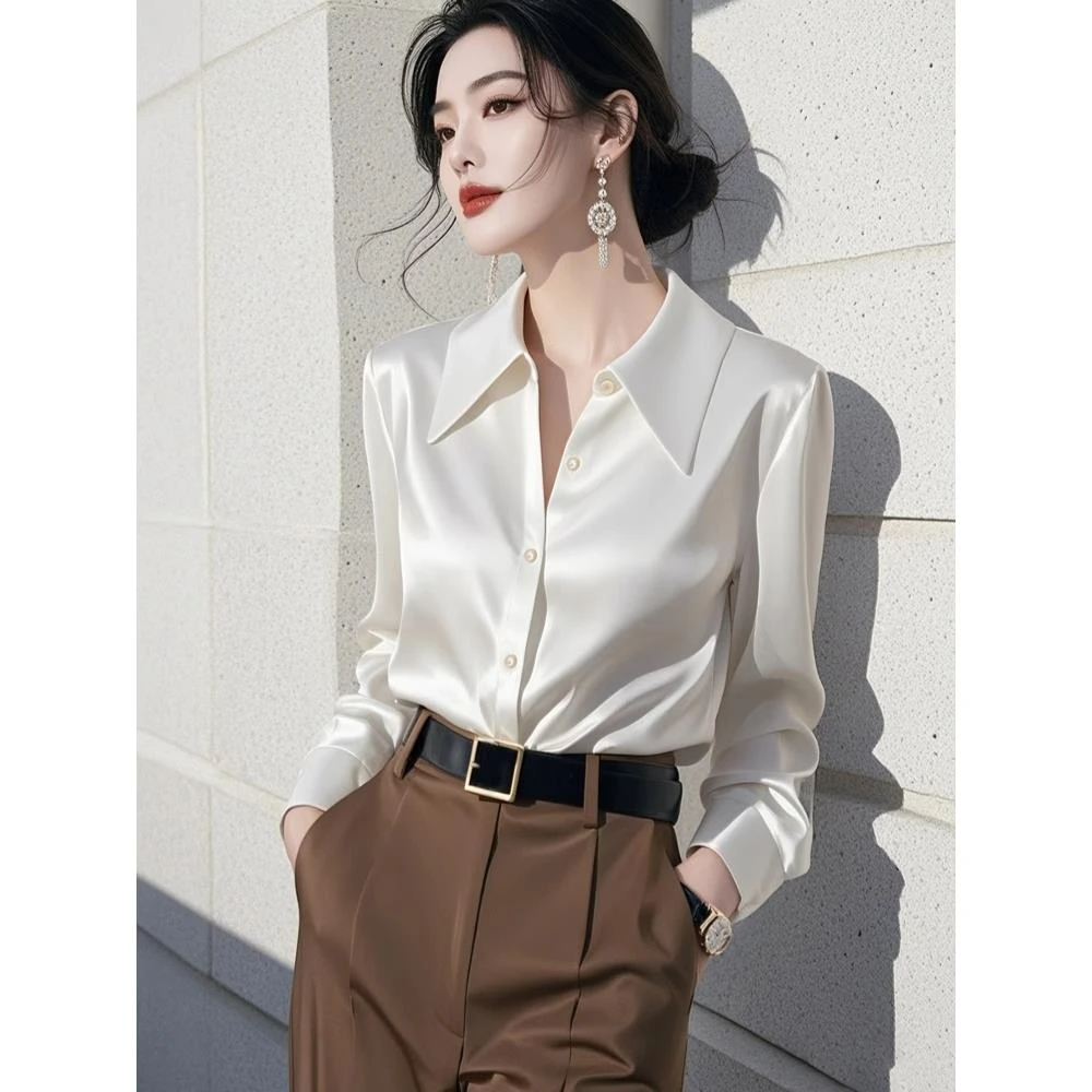 法式轻奢白色醋酸缎面衬衫女2025春季新款高级感洋气别致衬衣上衣