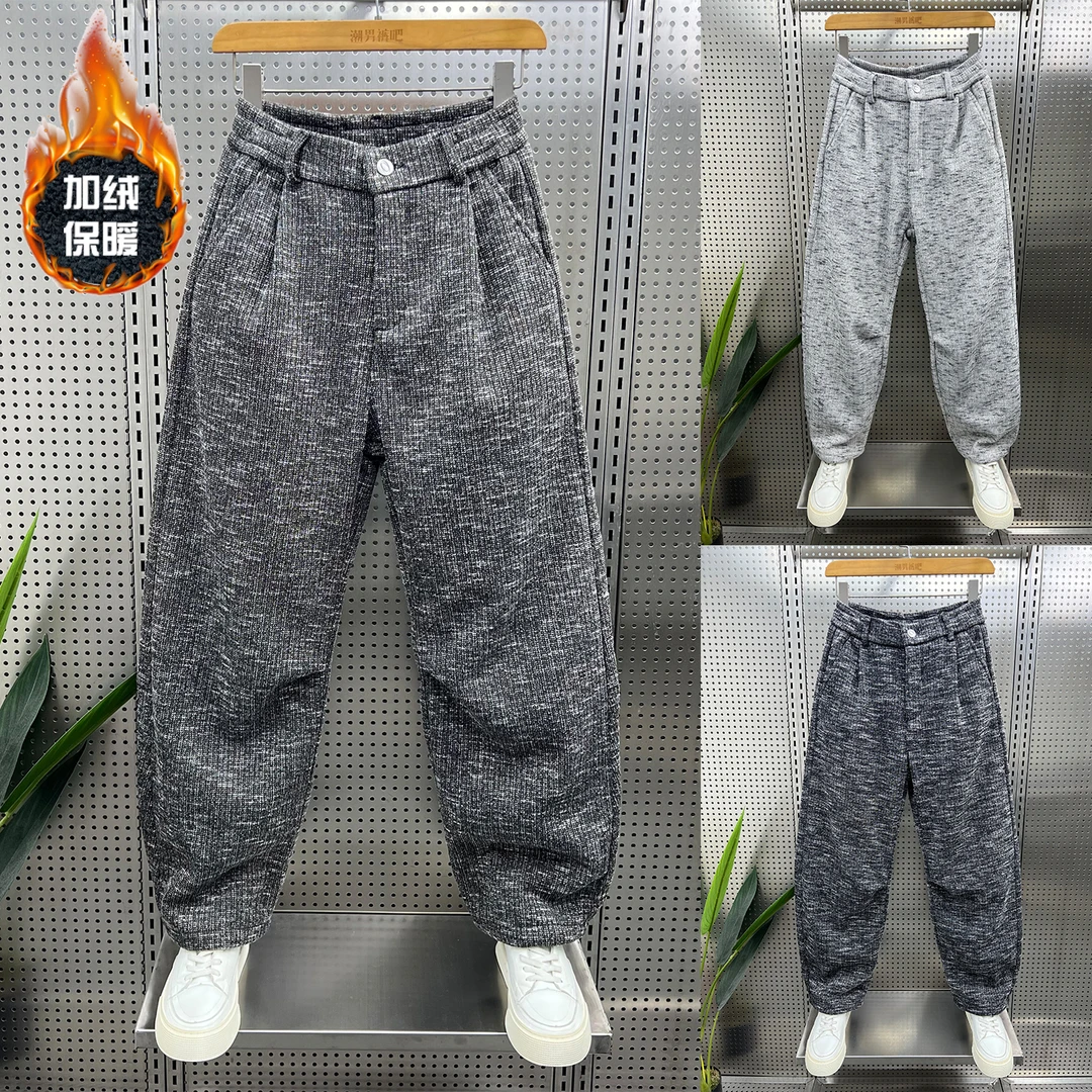 2025秋冬新款加绒休闲裤男士宽松高级感直筒裤潮流简约百搭弯刀裤