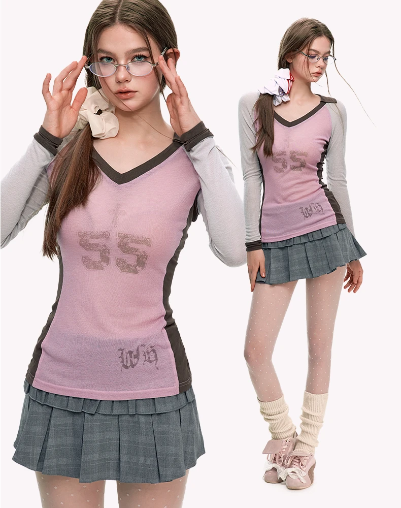 wooha复古甜辣风印花微透V领修身长袖T恤女+内搭套装