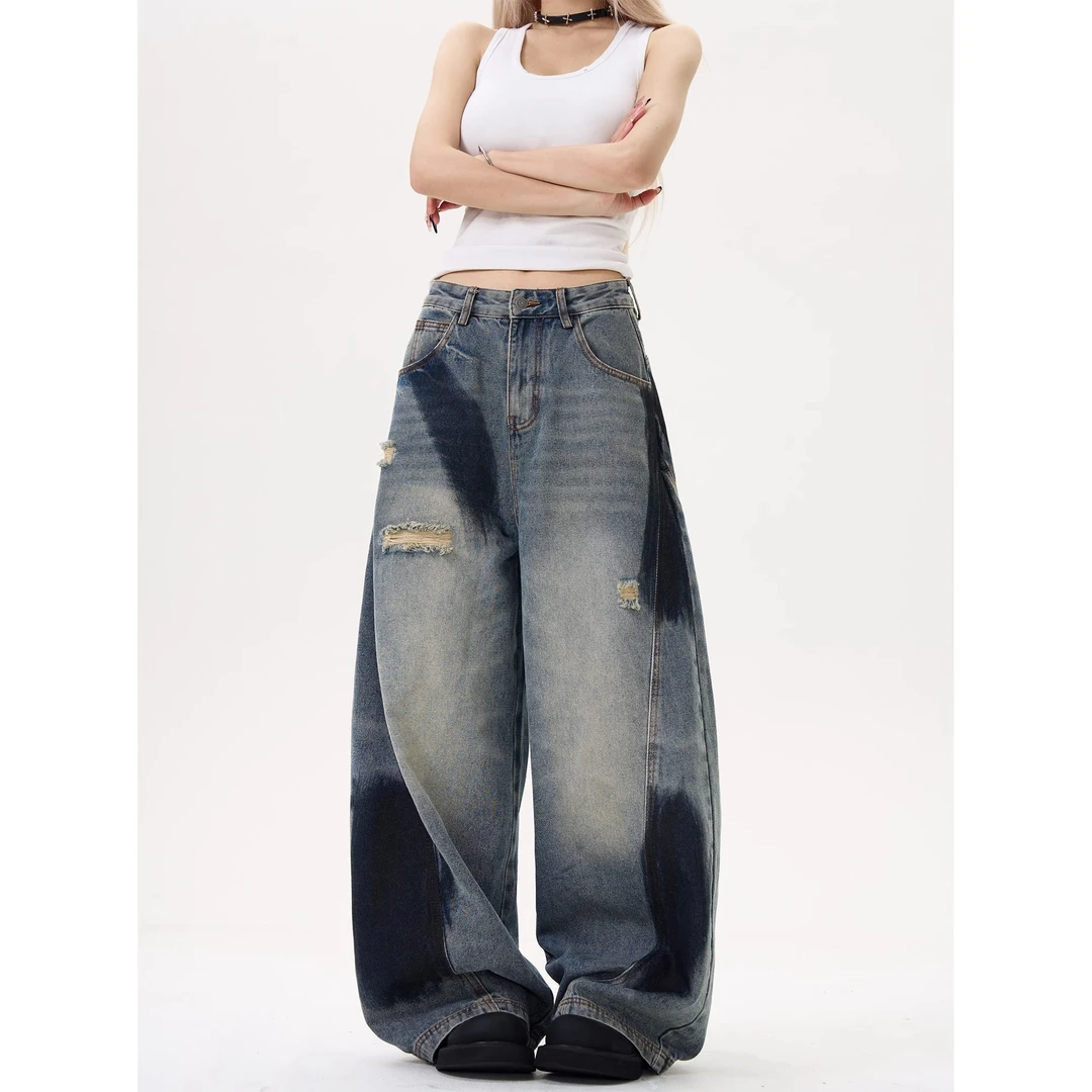 美式复古弯刀阔腿女款破洞牛仔裤夏季喷绘高街做旧宽松垂感长裤