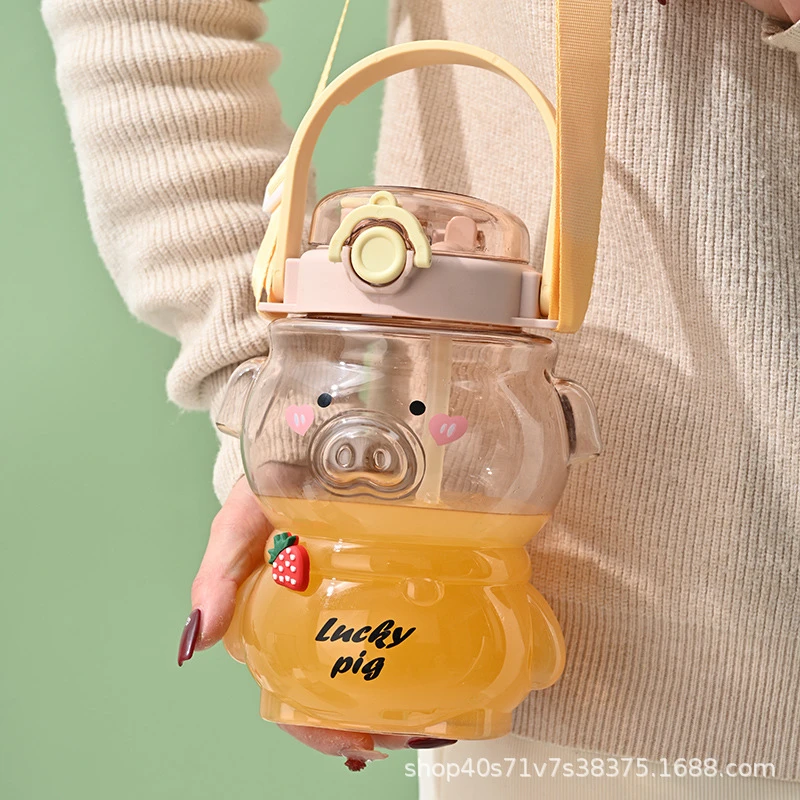 可爱卡通吸管水杯高颜值大肚杯大容量防摔单层背带夏季户外水壶