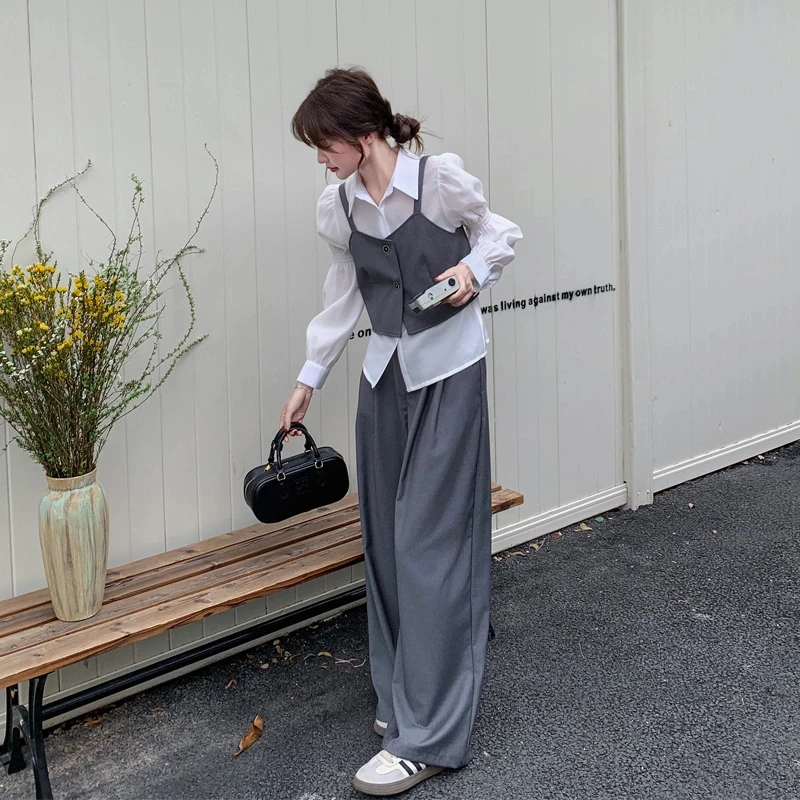 气质通勤套装裤女2025早春新款松弛感韩剧女主穿搭马甲衬衫阔腿裤