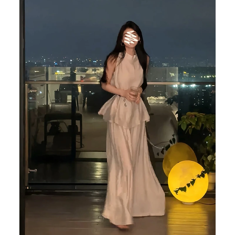 2025夏季新款女法式高级感收腰圆领无袖上衣百搭高腰显瘦阔腿长裤