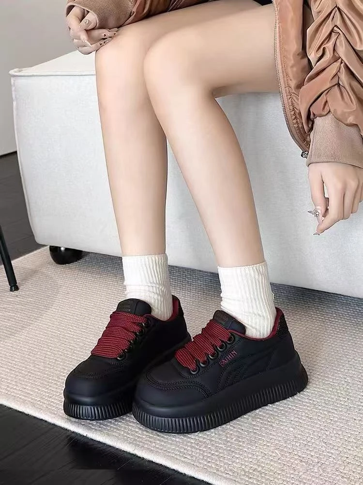 C2161  黑色  时尚厚底圆头高帮系带女休闲板鞋