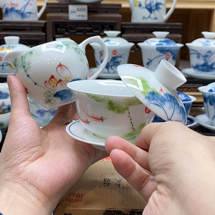 手绘五彩荷花盖碗150cc➕公道杯160cc釉下彩微瑕福利款