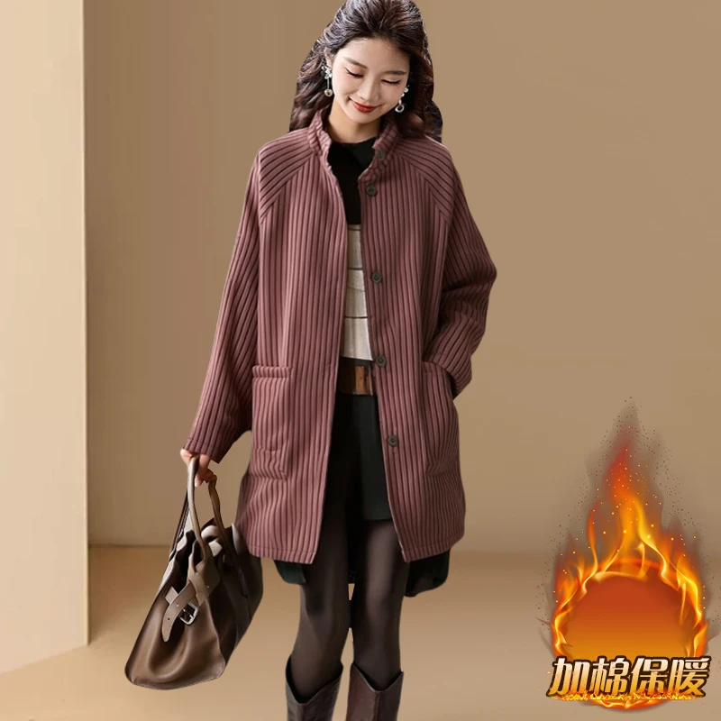 红色条纹工装风休闲宽松棉服女2025秋冬新款高级感时尚显瘦外套