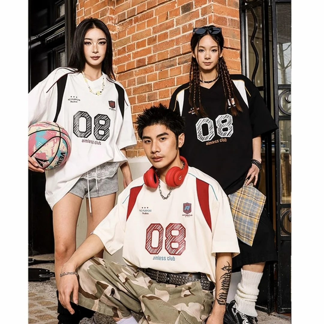 夏季美式撞色印花纯棉T恤男女情侣宽松休闲V领运动风短袖-820