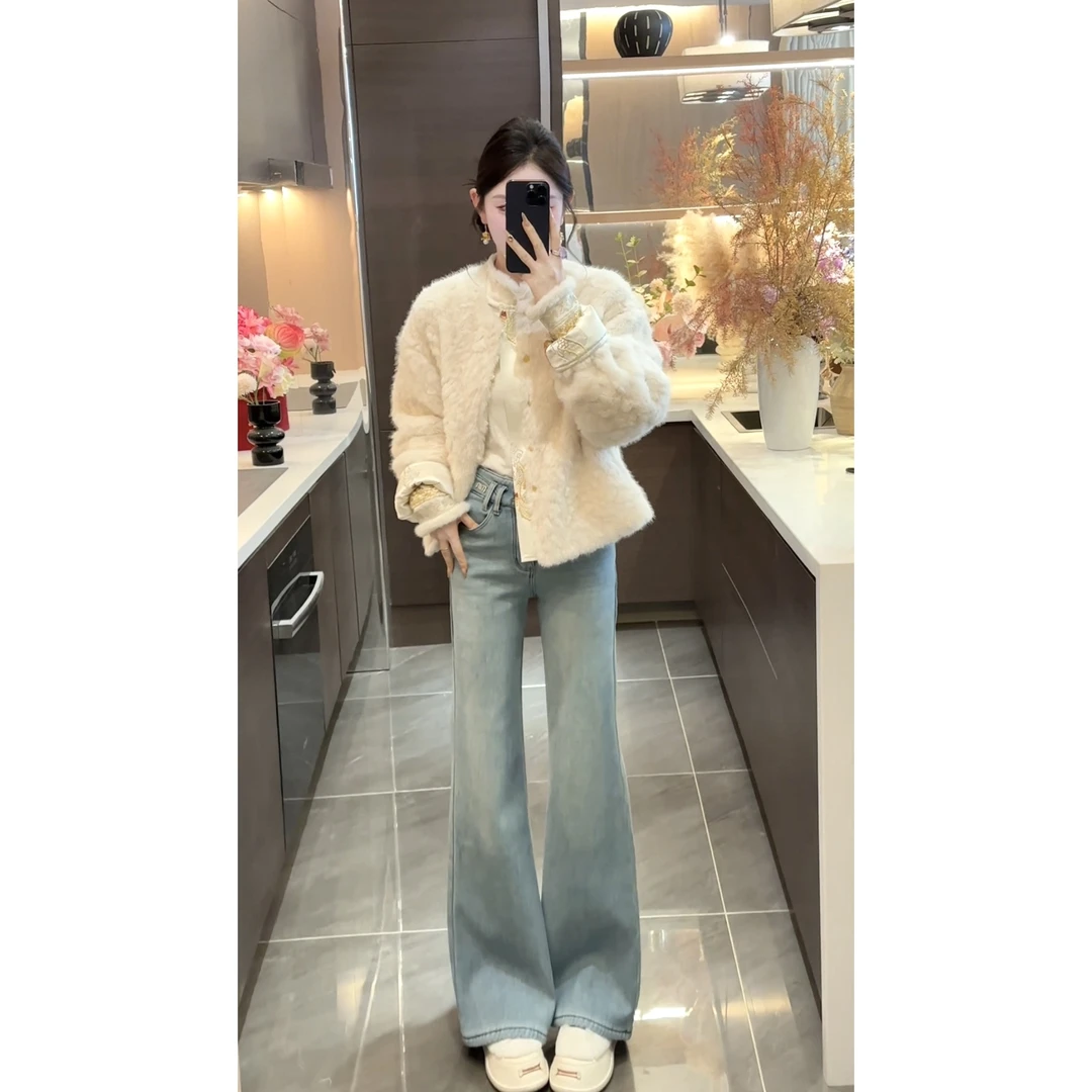 【周粥】【年度神裤】2026新款阔腿裤加绒修身保暖牛仔裤QXQ5NZK8139A