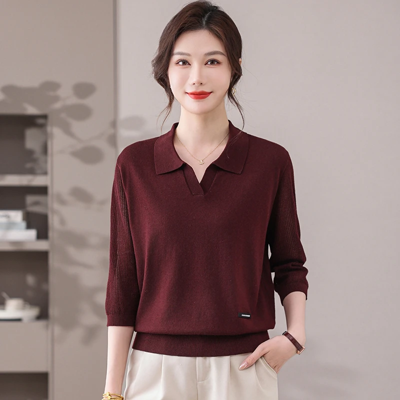 品牌女装七分袖POLO翻领上衣女宽松大码纯色好看薄款中袖毛针织衫
