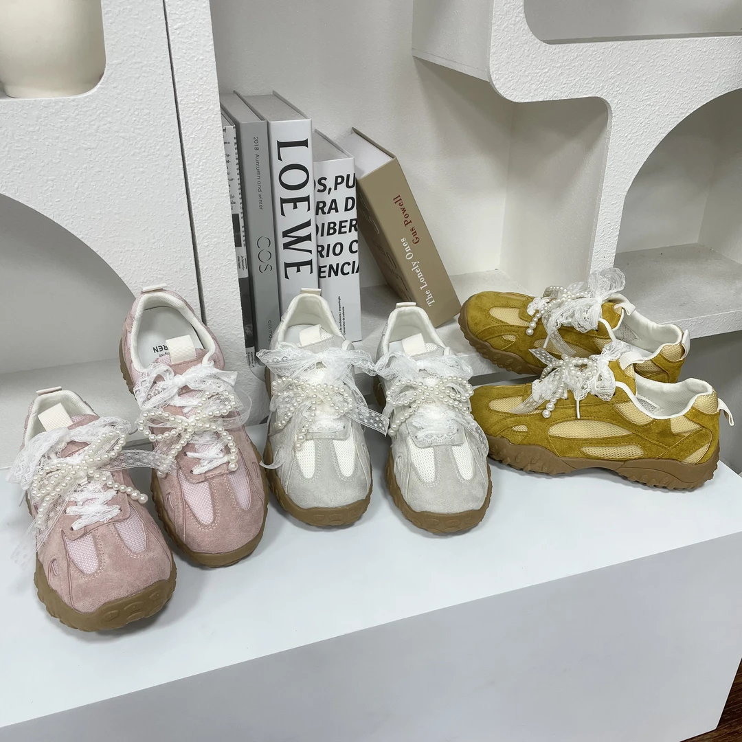 502 德训鞋女蕾丝珍珠2025夏新款芭蕾仙女风网面休闲运动鞋阿甘鞋