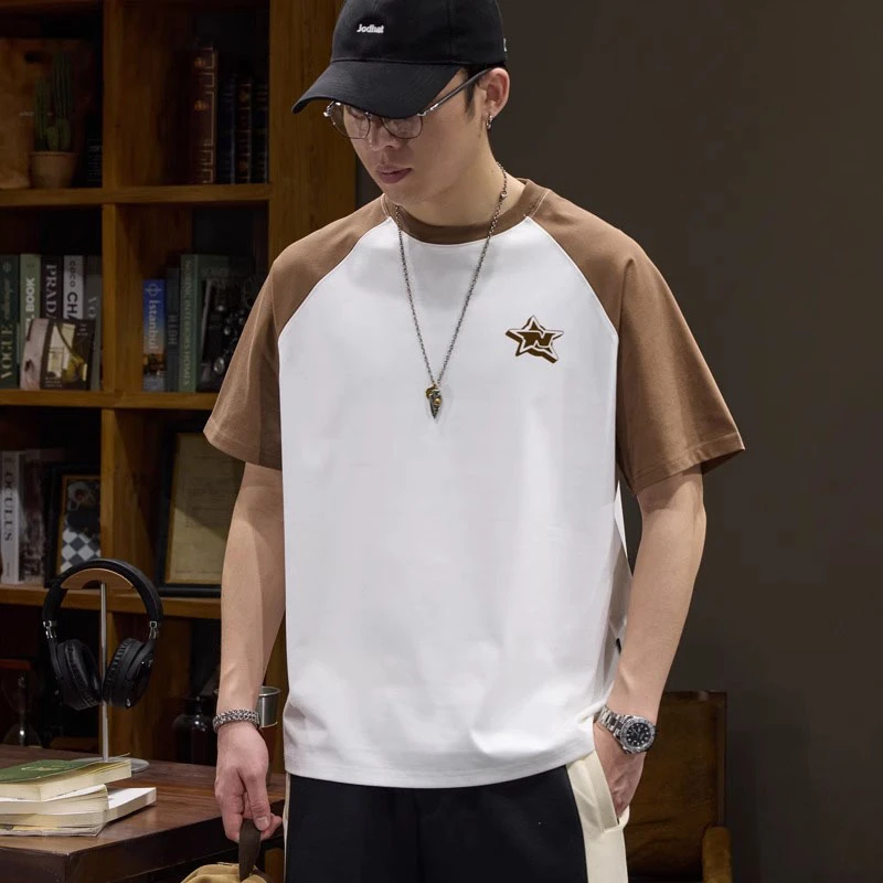 Cebrodz潮流拼接插肩袖短袖T恤男士夏季新款重磅宽松撞色圆领上衣