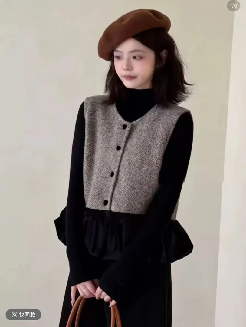 滨莉家【201】时髦气质荷叶边拼色单排扣百搭小香马甲