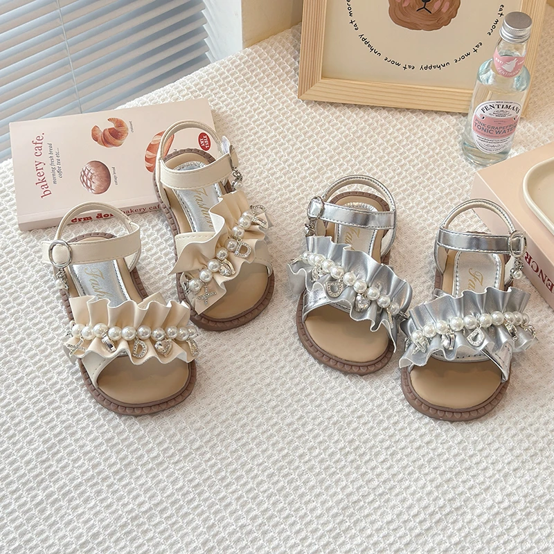 女童露趾凉鞋2025夏季新款甜美珍珠荷叶边小女孩公主鞋软底沙滩鞋