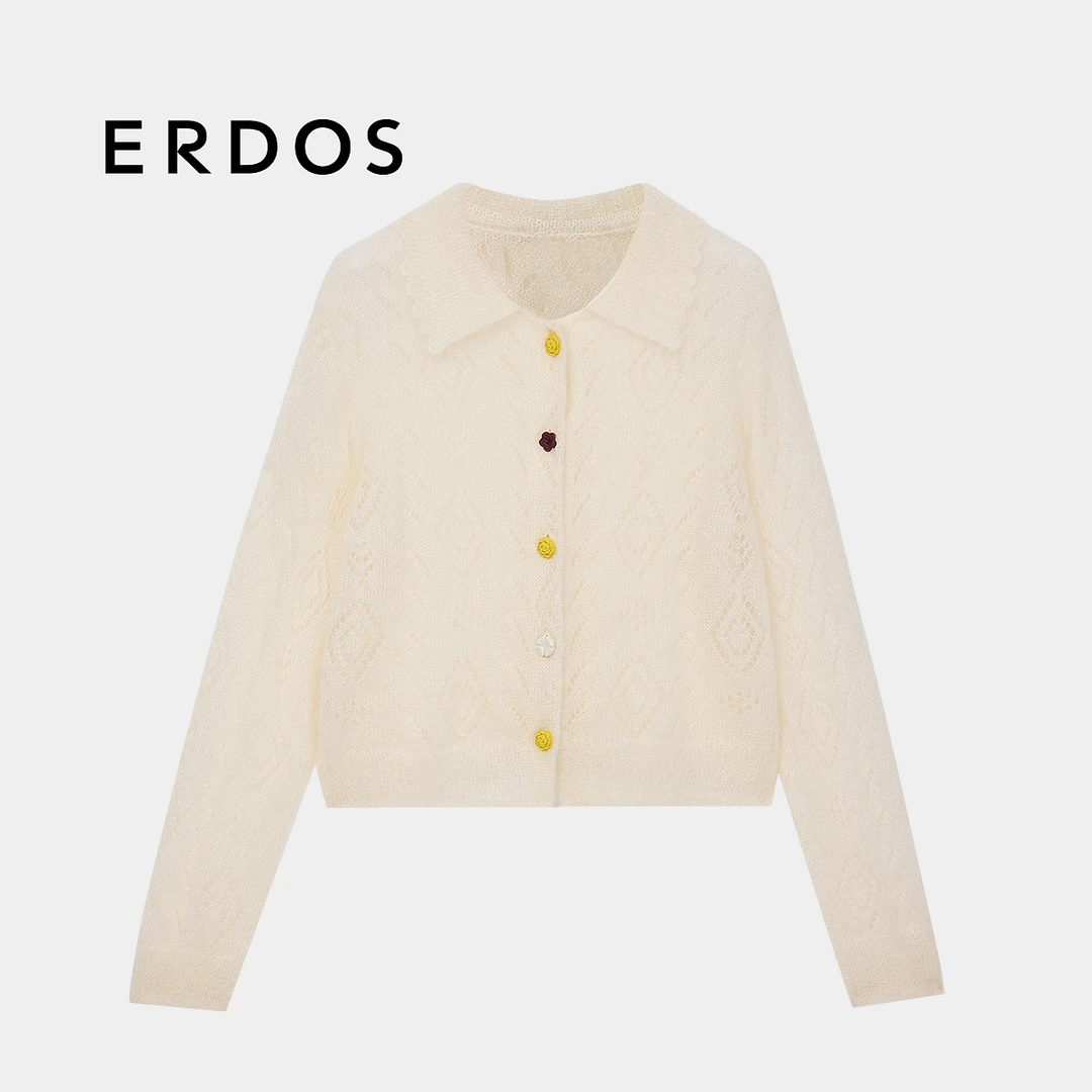 ERDOS 丝马海微透镂空蕾丝感彩色花瓣扣女开衫【小雏菊涂鸦】25新品