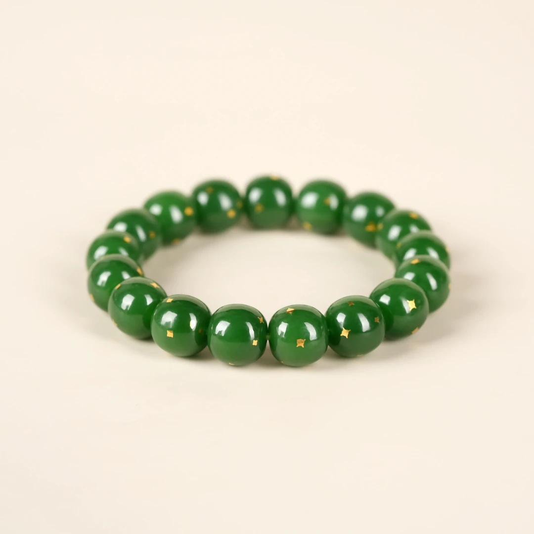 典藏级 和田玉肉底辣阳绿错金老型手串 11mm±  H20200