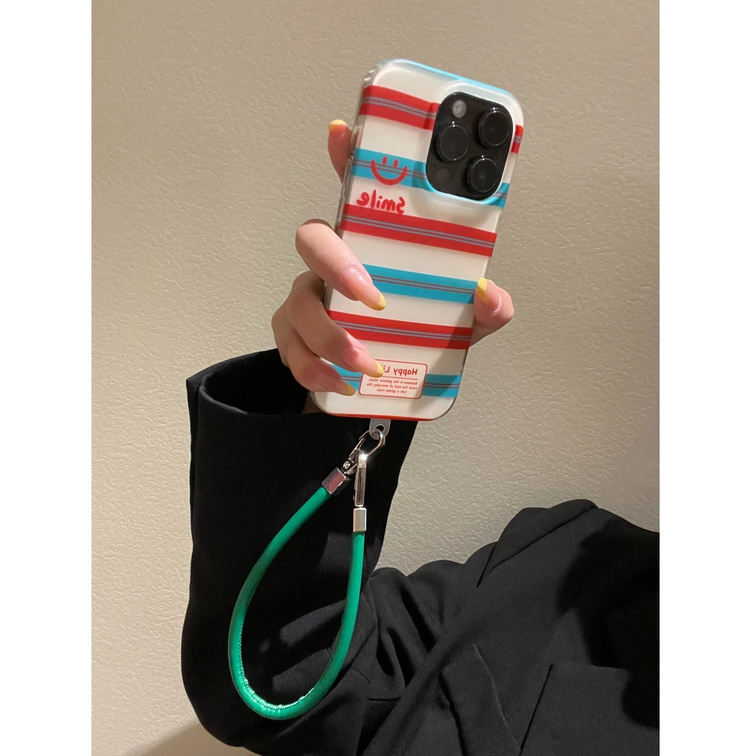 诚星泽绿手绳条纹笑脸适用苹果16PROMAX手机壳华为oppo小米vivo新