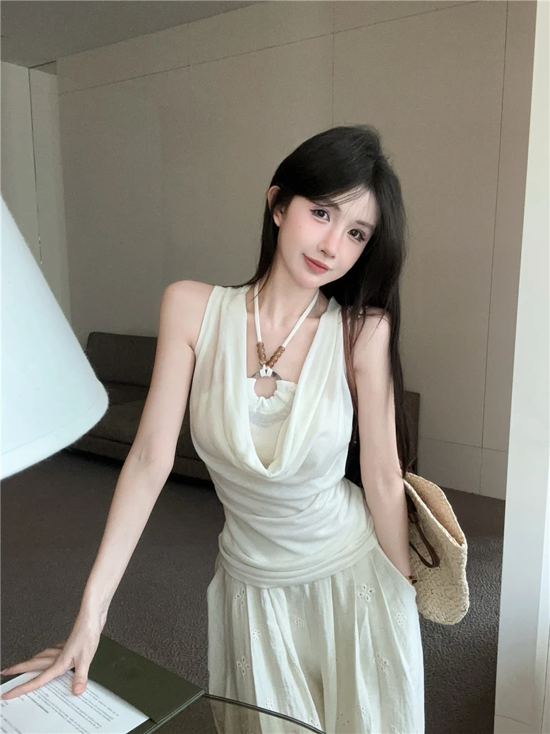 褶皱荡领吊带背心串珠无袖背心修身吊带抹胸上衣外穿高级感