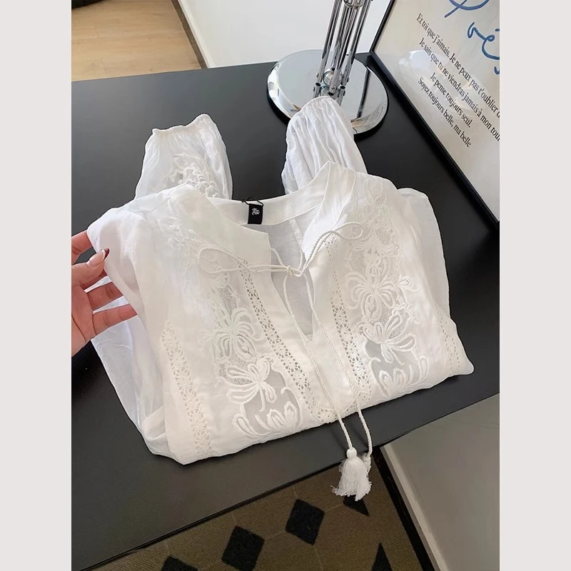 新中式国风白色刺绣长袖衬衫女小个子设计感小众微透上衣气质小衫