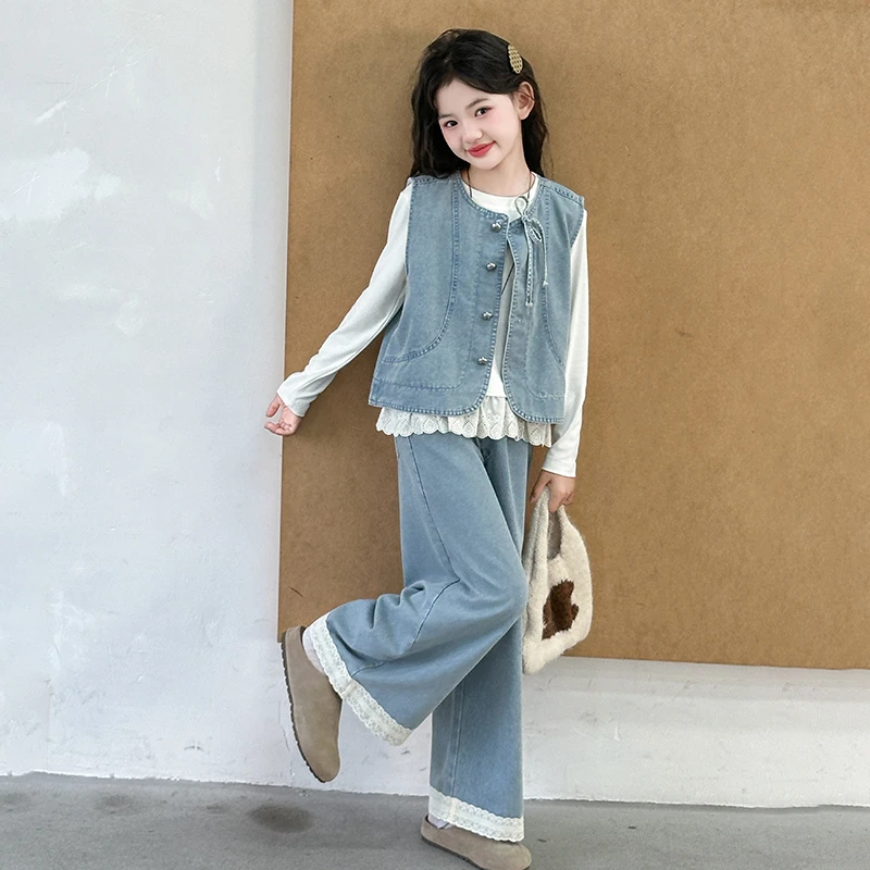 女童秋装三件套2025新款春秋季女孩牛仔马甲阔腿裤套装超好看衣服