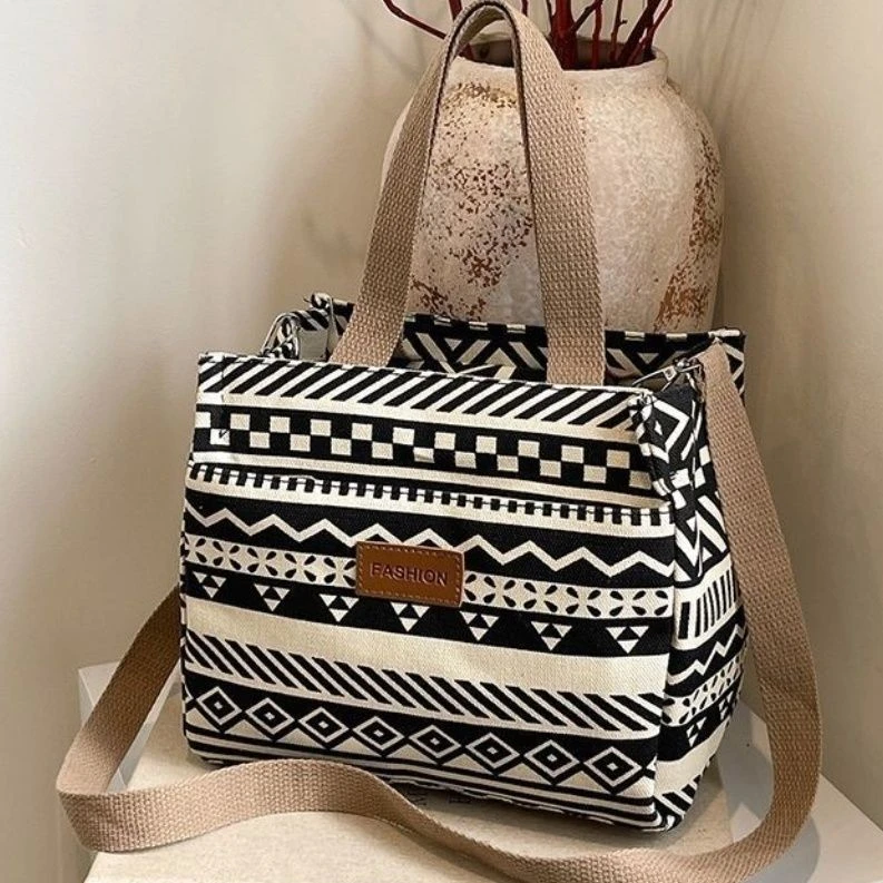 新款帆布饭盒手提包铝箔保温上班带饭手拎午餐包民族风复古妈咪包